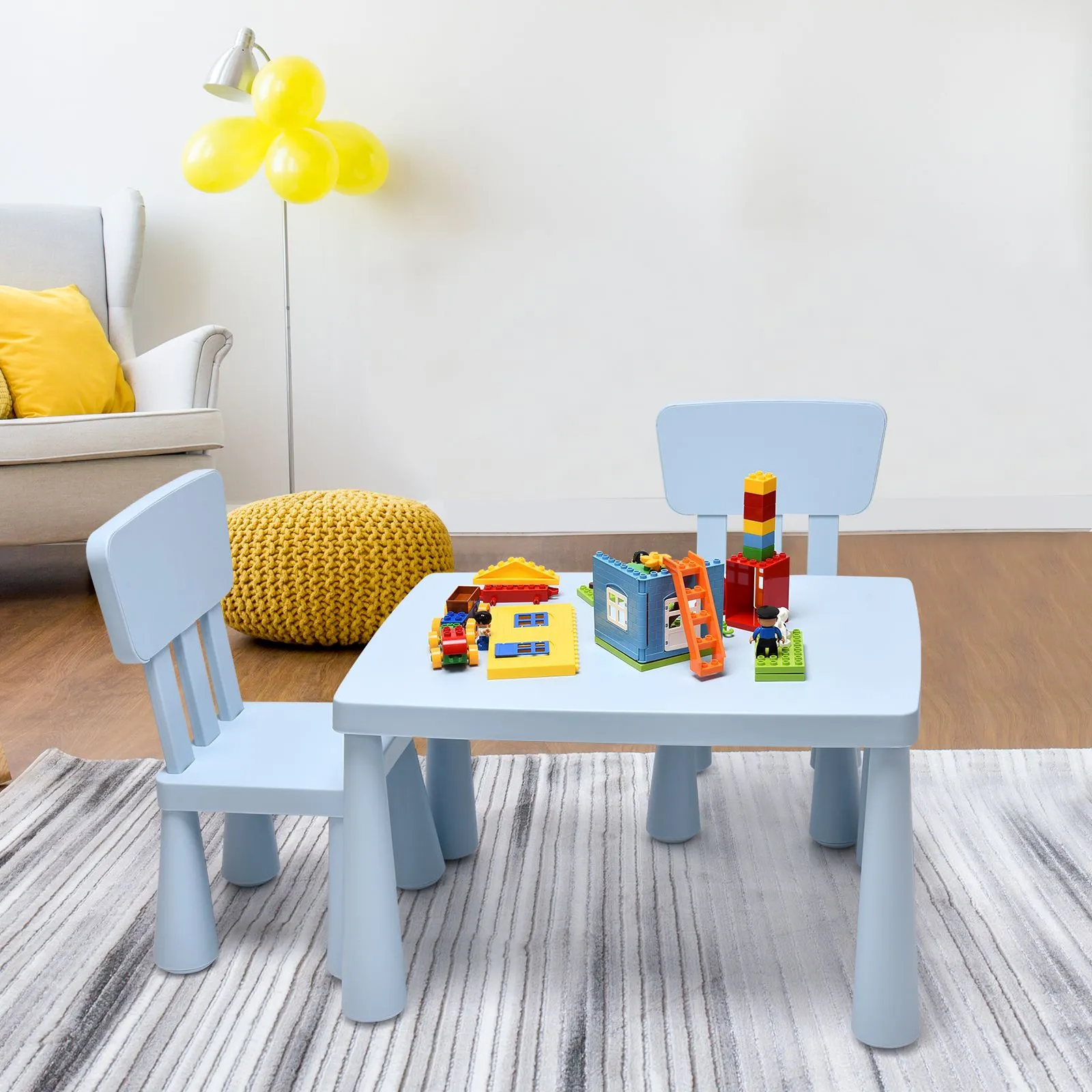 Costway Children Play Table with 2 Chairs Set for Eating Drawing Writing in Baby Blue 4