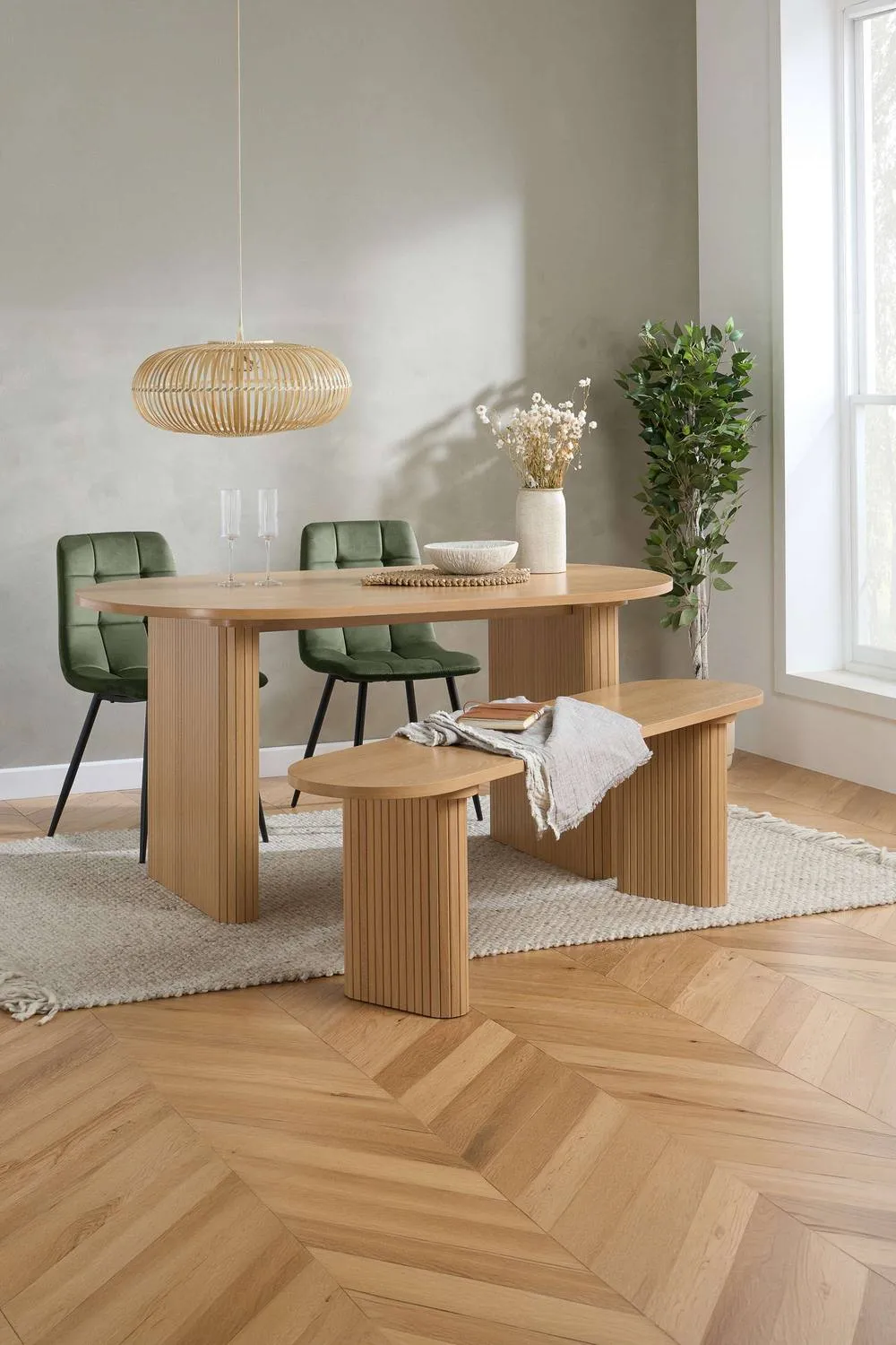 Birlea Axel Oval Fluted Dining Table With 2 Chairs & Bench in Brown