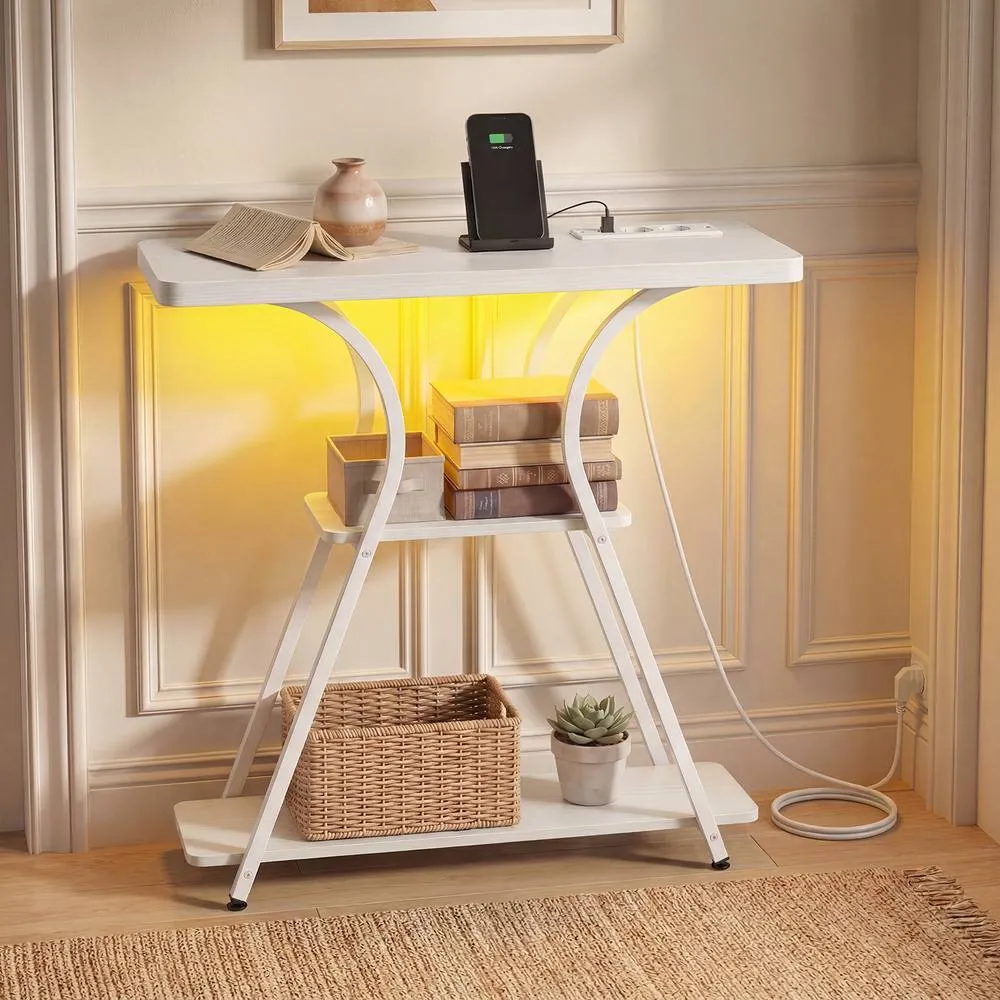 Costway Console Table w/ LED Lights & Power Outlets 3-Tier Entryway Table in White 4