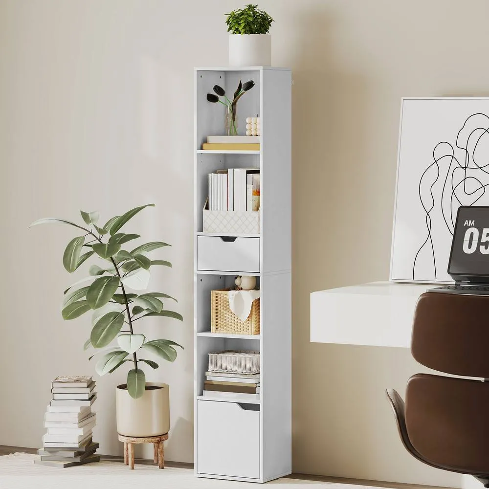 HOMCOM Narrow Bookshelf with Drawer, Tall Bookcase for Living Room in White 1