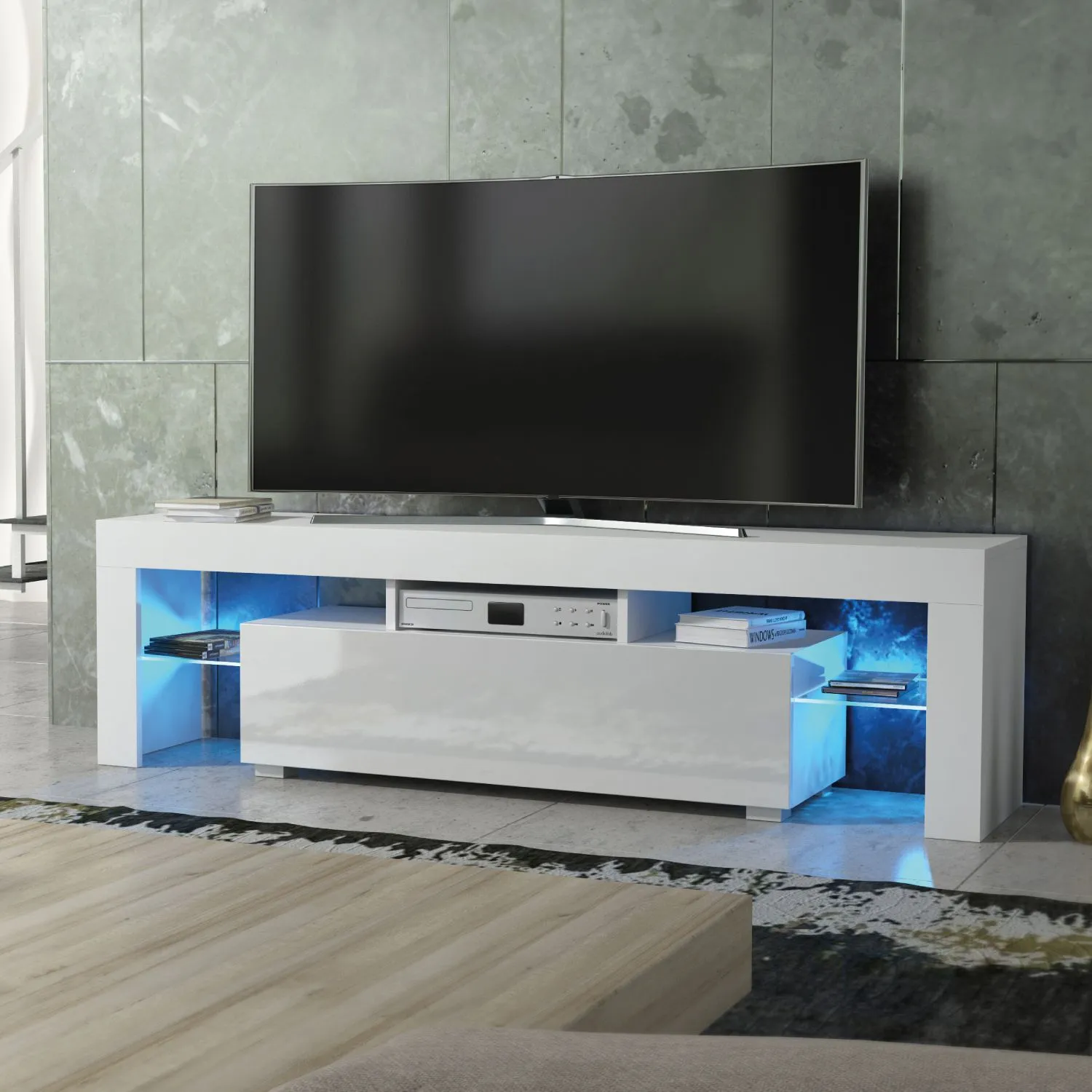 Creative Furniture Aria TV Unit 160cm White with High Gloss Doors & LED Lights 5