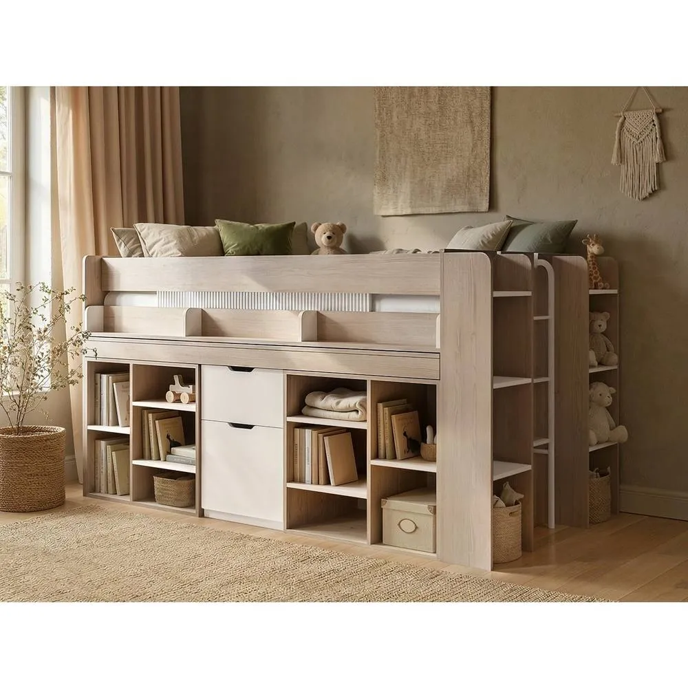 Flair Micah Mid Sleeper Bed with Desk Oak & White in Light Oak