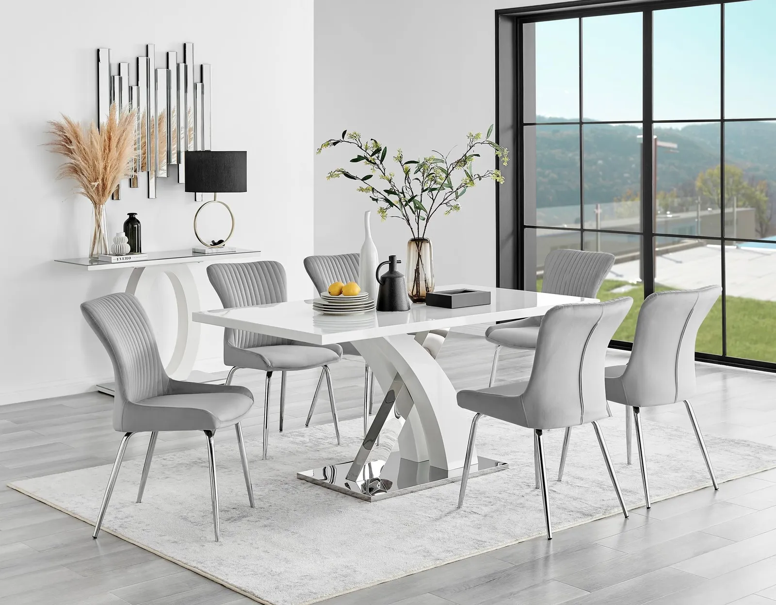 FurnitureboxUK Atlanta 6 White Dining Table & 6 Nora Silver Leg Chairs in Light Grey
