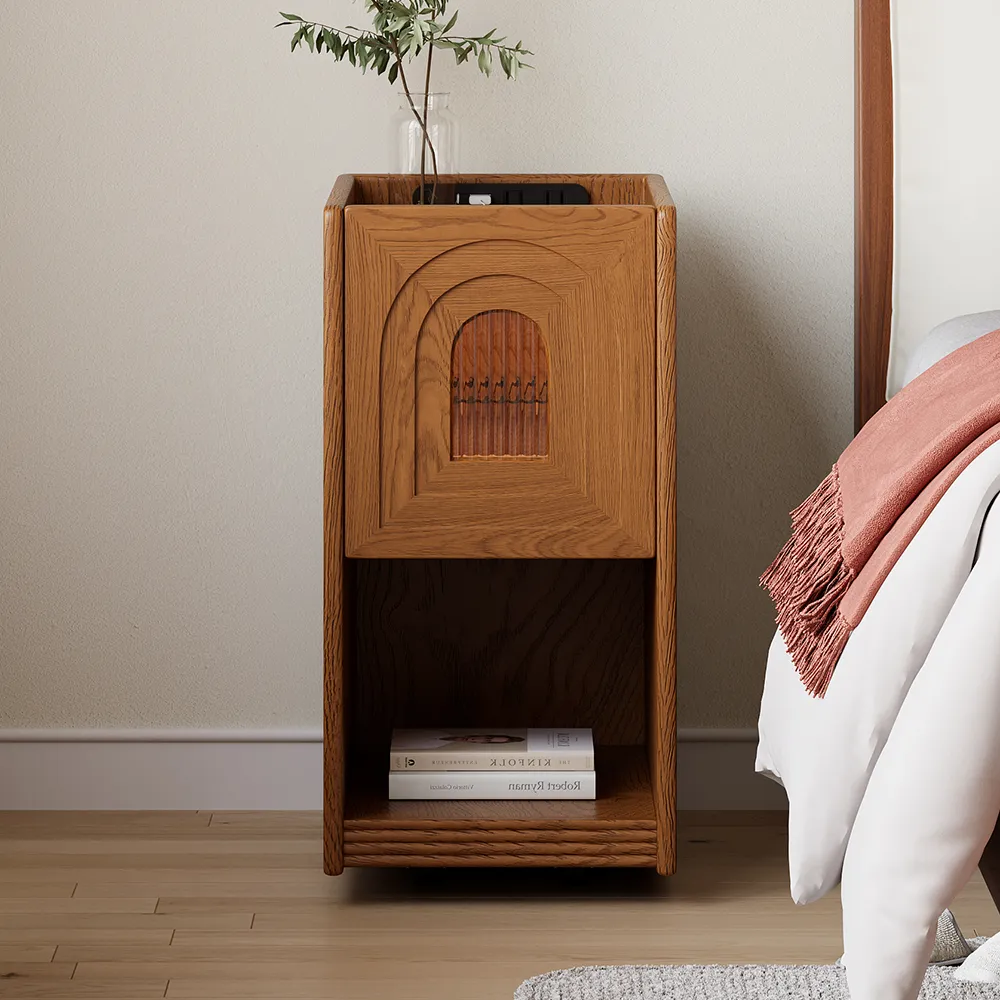 Rustic Narrow Smart Bedside Table Cherry Bedside Table with Sensor Light & USB Port