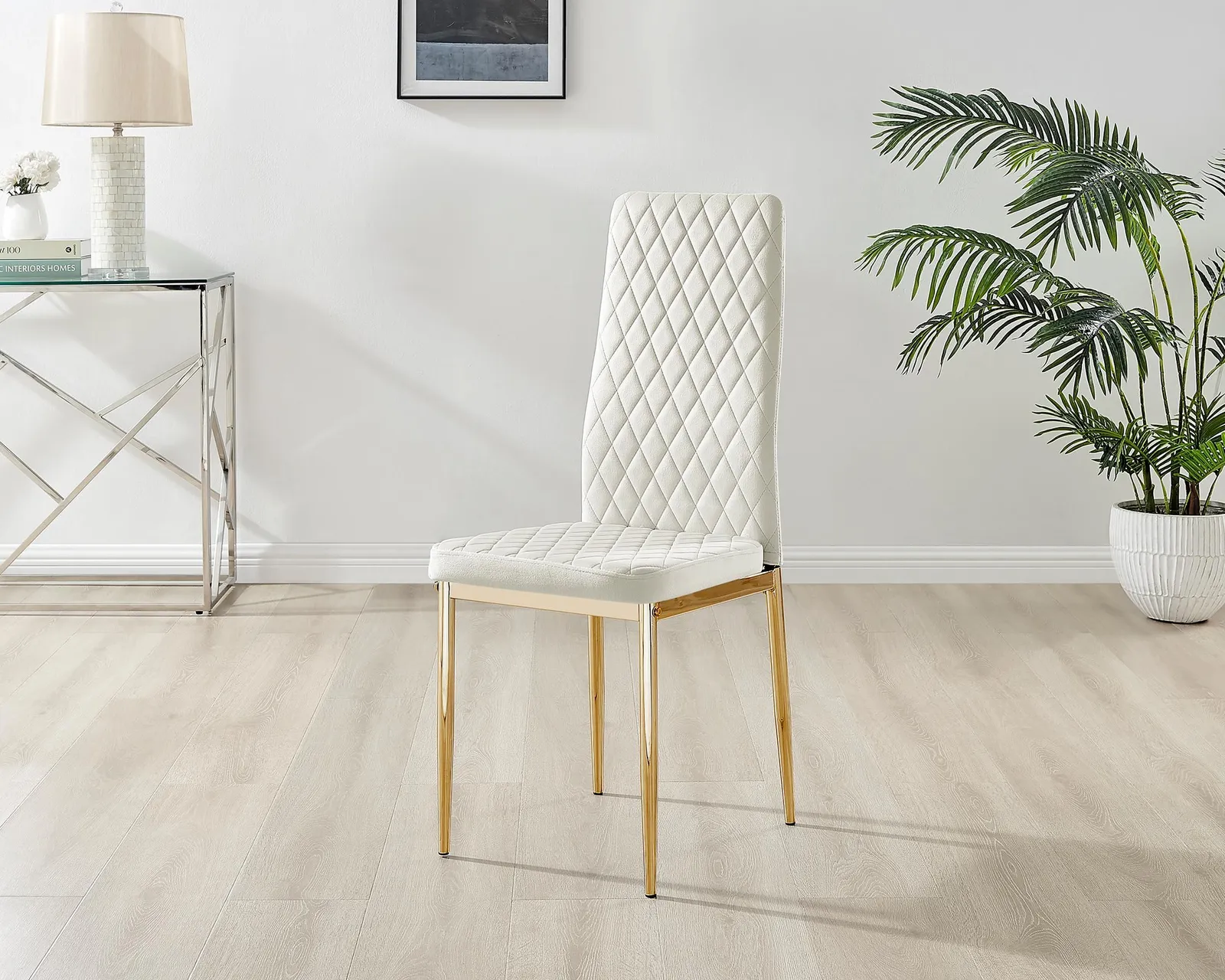 FurnitureboxUK Set of 4 Milan High Back Soft Touch Diamond Pattern Velvet Dining Chairs With Gold Chrome Metal Legs in Cream 3