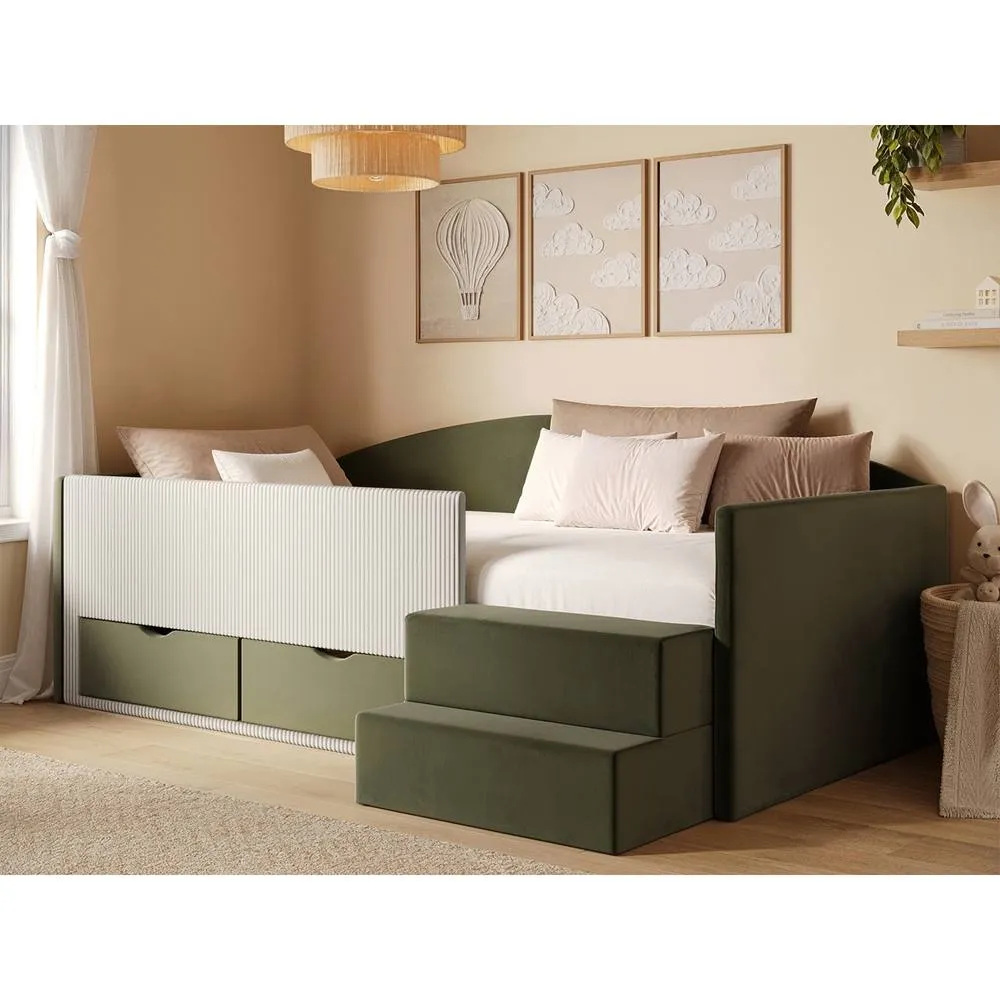 Flair Elisa Velvet Storage Low Sleeper Bed with Beige Cord in Green 1