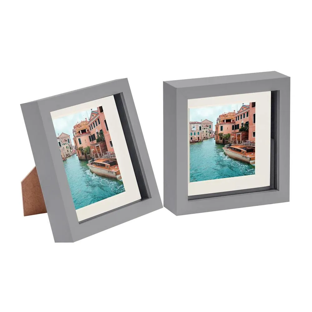 Nicola Spring 3D Box Photo Frames with 4" x 4" Mounts - 6" x 6" - Grey - Pack of 2 in Ivory