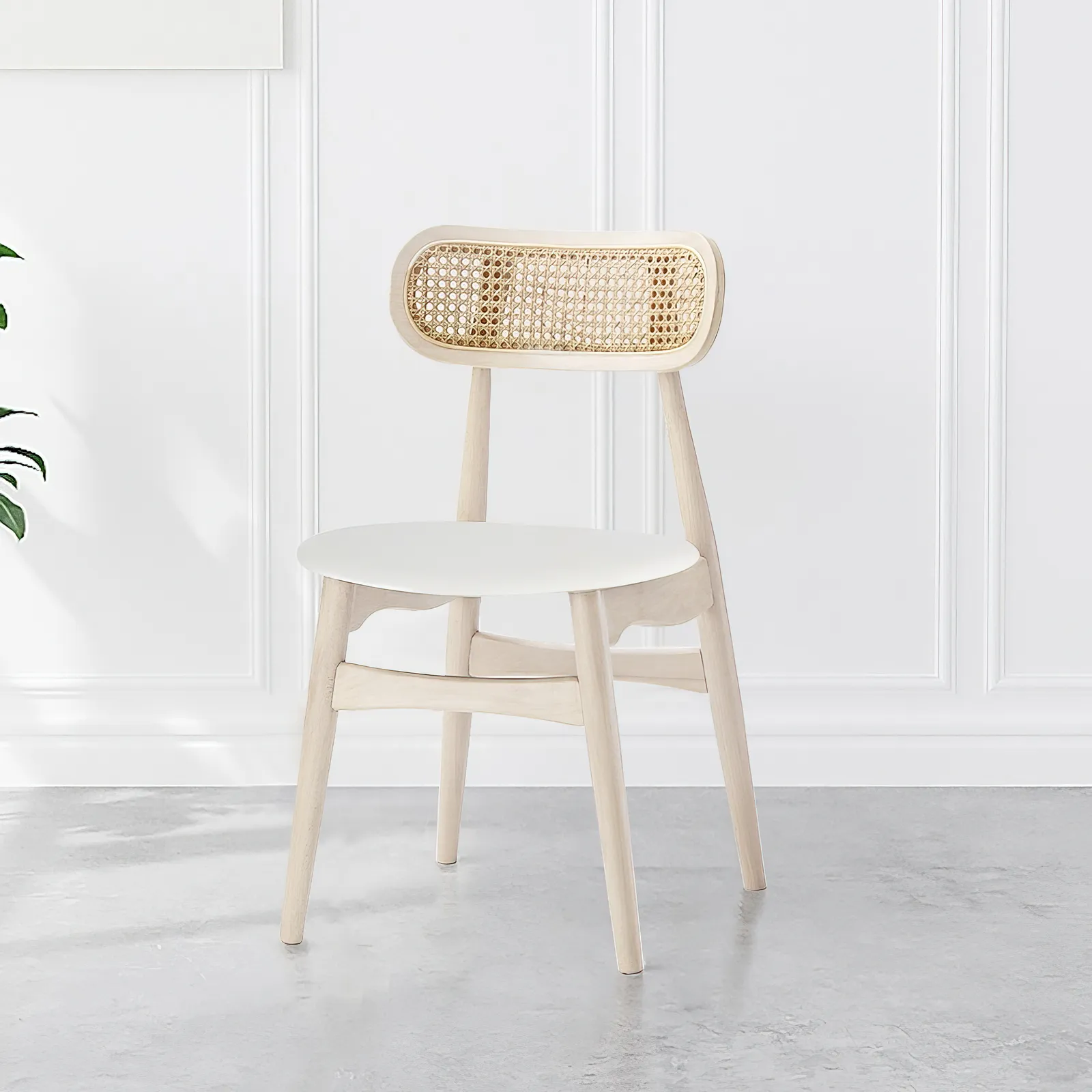 Japandi Bleached Wood Rattan Upholstered Dining Chair Ash Wood Side Chair Faux Leather