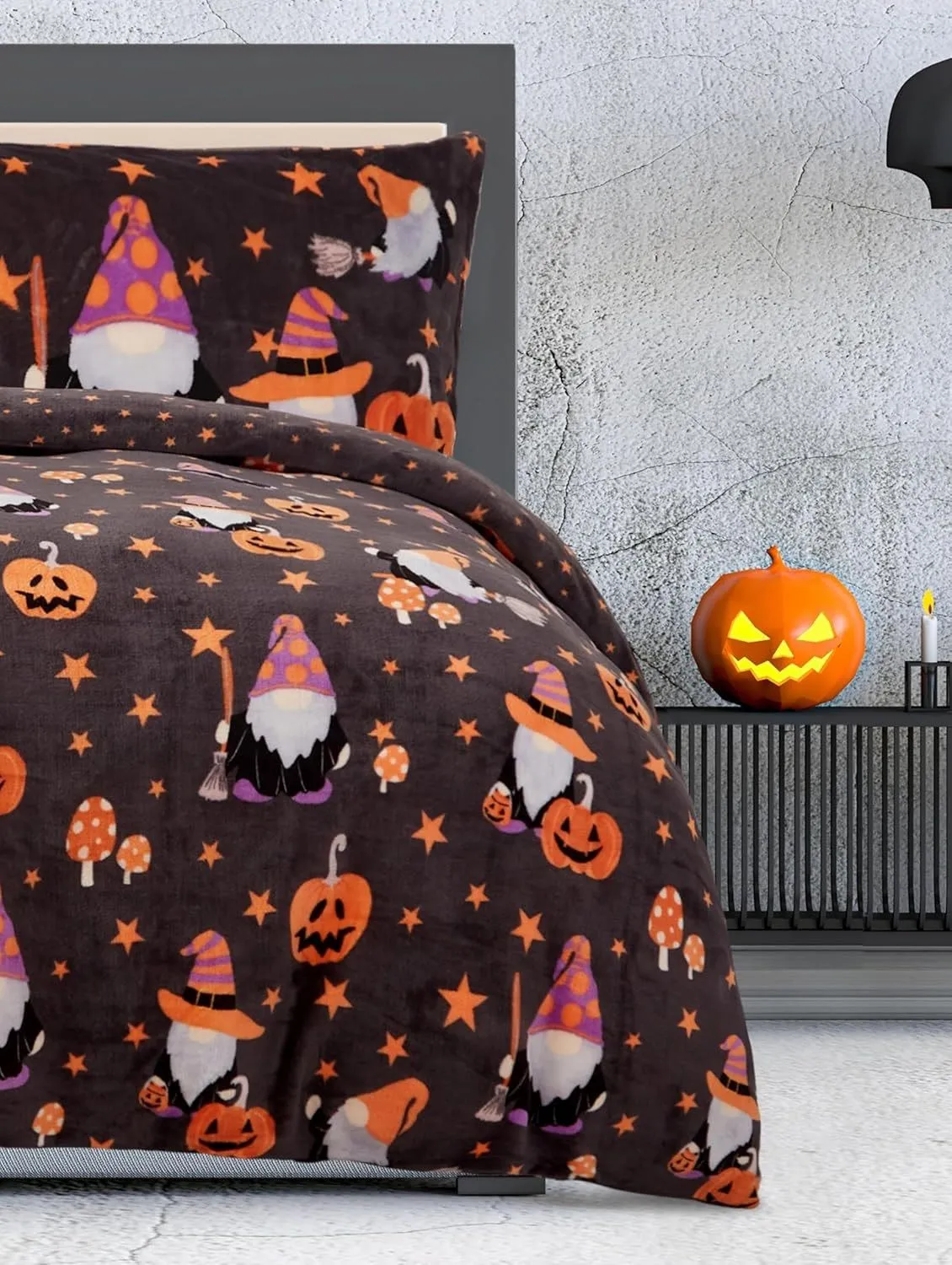 Smart Living Halloween Gonk Flannel Duvet Set Reversible Duvet Cover with Pillowcase in Charcoal 3