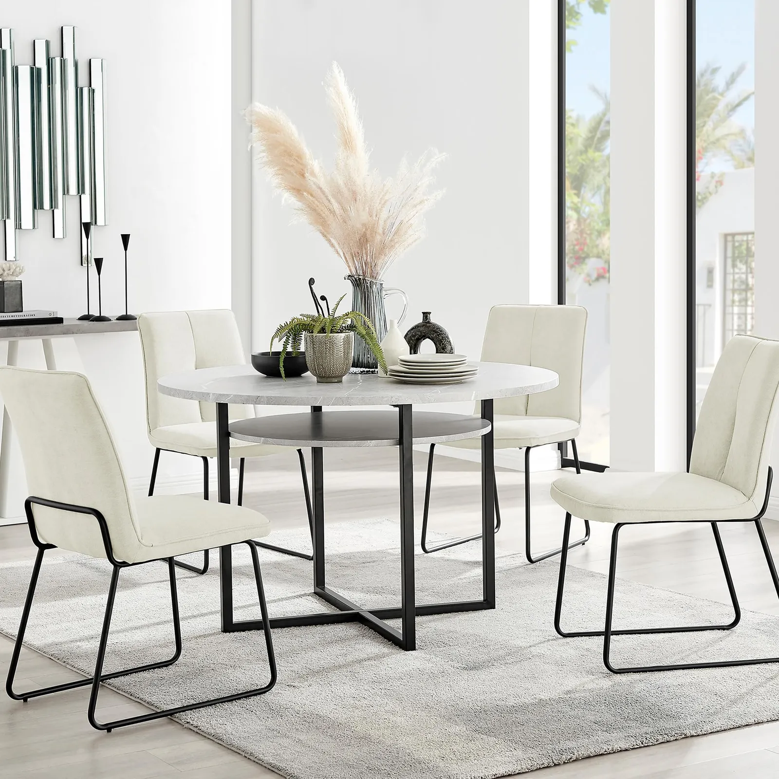 FurnitureboxUK Adley Grey Concrete Effect Round Dining Table & 4 Halleyy Fabric Chairs in Cream 1