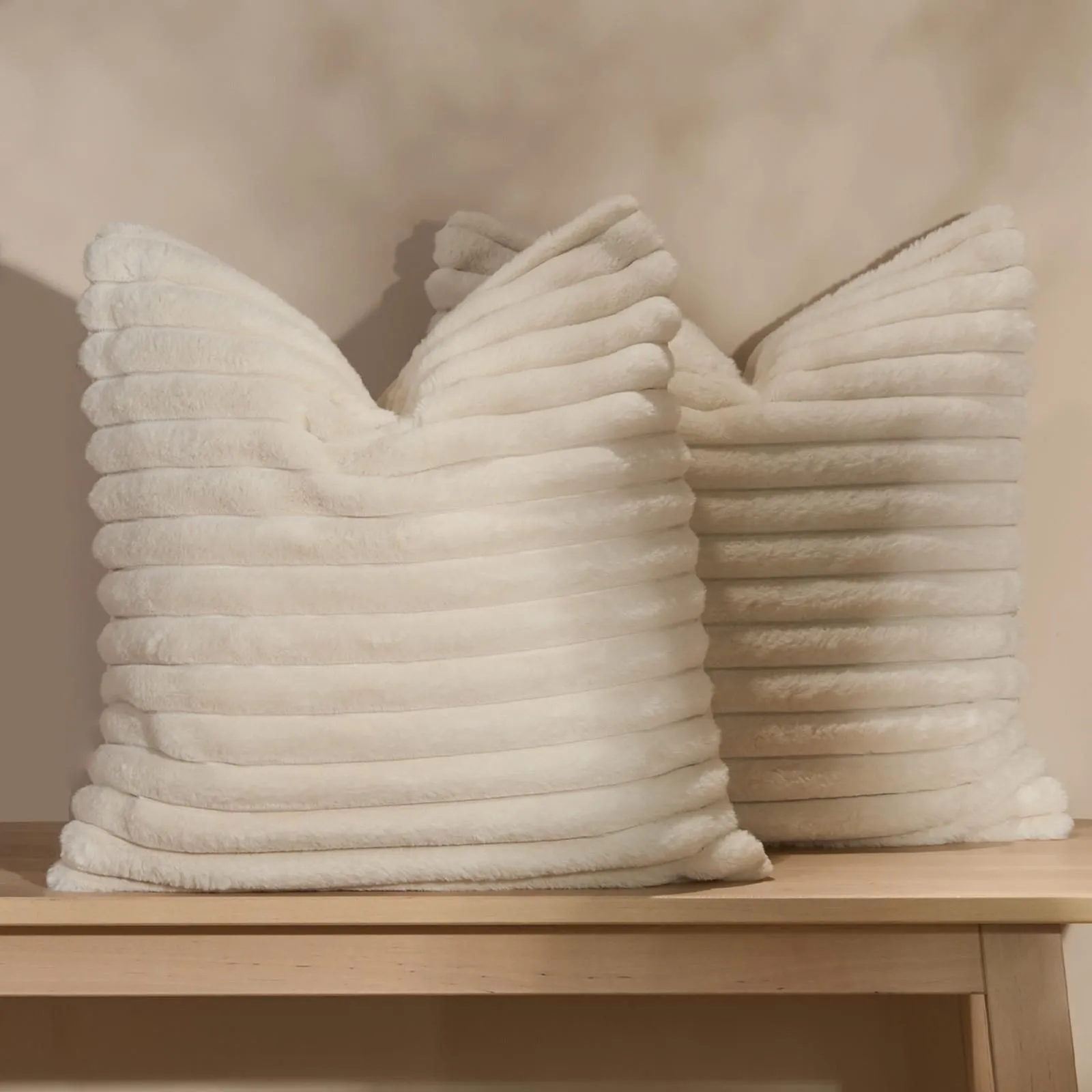 OHS 2 x Faux Fur Thick Rib Cushion Covers in Natural