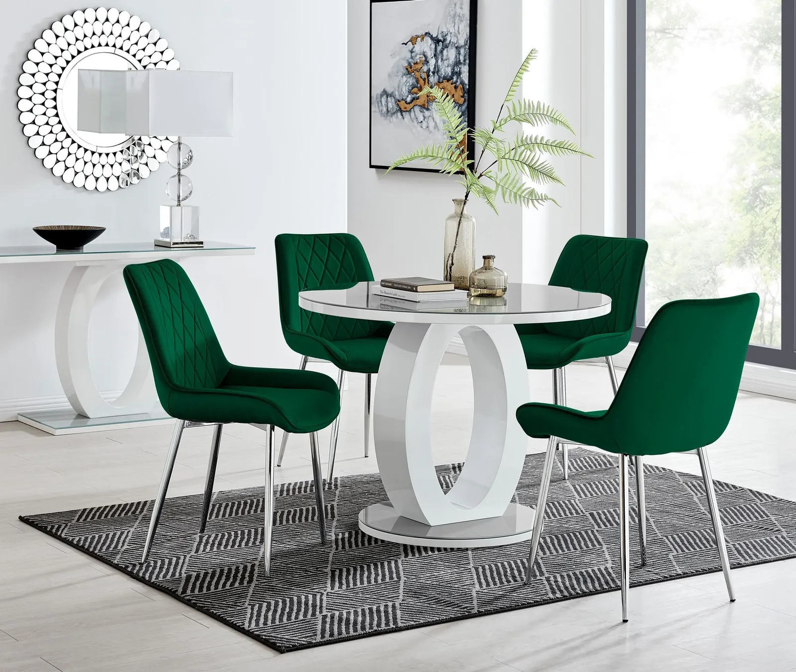 FurnitureboxUK Giovani Round 4 Seat 100cm White High Gloss Halo Base Grey Glass Top Dining Table 4 Soft Velvet Silver Leg Pesaro Chairs in Green 1