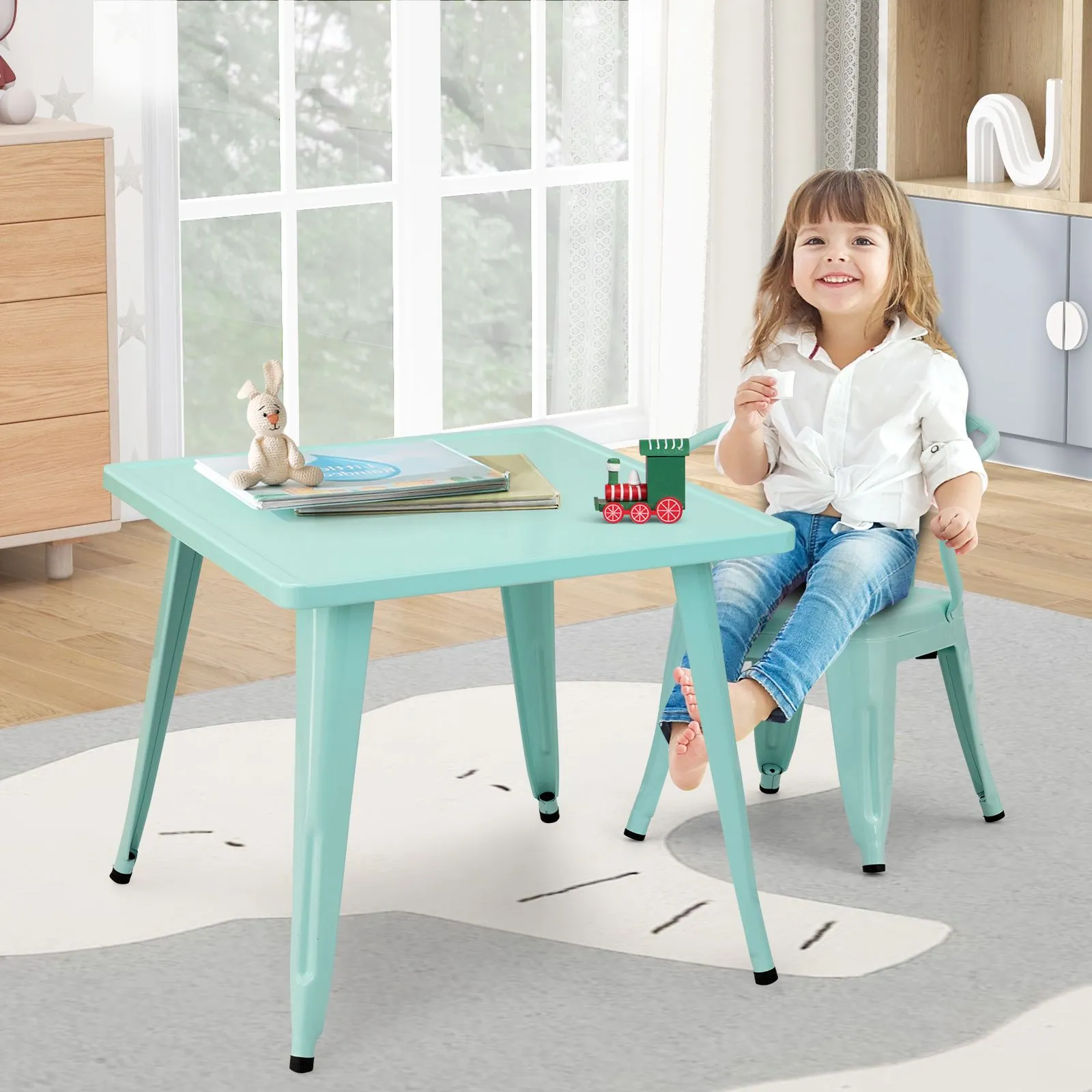 Costway Steel 27" Square Table Children Play Learn Activity Table Indoor Outdoor in Blue 6