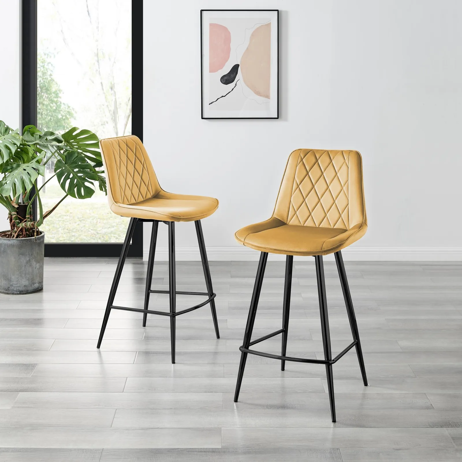 FurnitureboxUK Pesaro Set of 2 Velvet Black Legs Counter Stools in Mustard 2