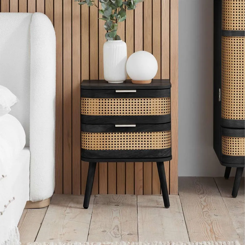 Birlea Rattan Bedside Cabinet 2 Drawer Sark Nightstand Side Table in Black