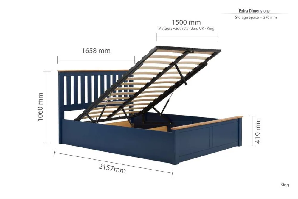 Birlea King Size Ottoman Bed Navy Blue Aspen Wood Frame Storage 5FT Oak Solid 4