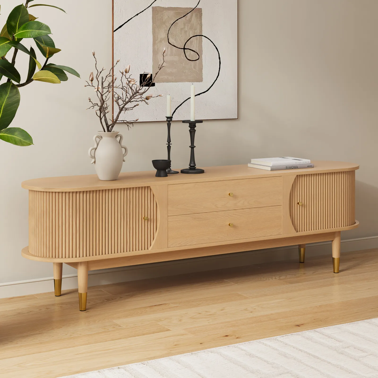 72" Ash Wood Fluted TV Stand with Storage