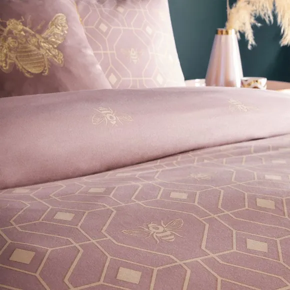 Furn. Pink and Gold Bee Deco Reversible Duvet Cover and Pillowcase Set 3