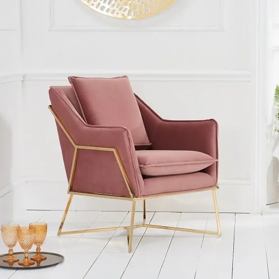 Gamma Velvet Accent Lounge Chair In Pink With Brass Frame