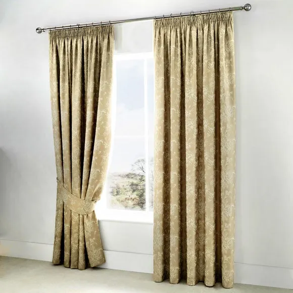 Woven Jasmine Lined Pencil Pleat Curtains with Tie Backs 1