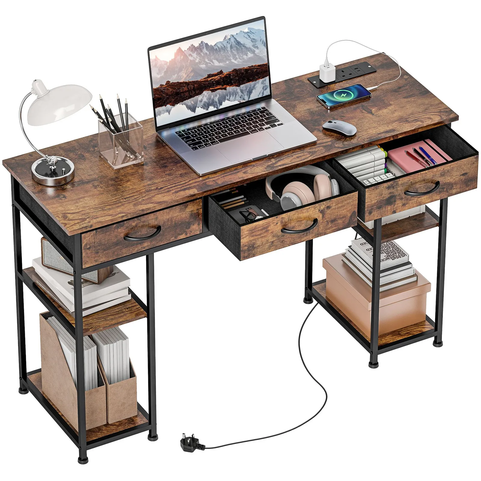 HOMCOM Computer Writing Desk with Power Outlets, Drawers, Shelves, Brown 2