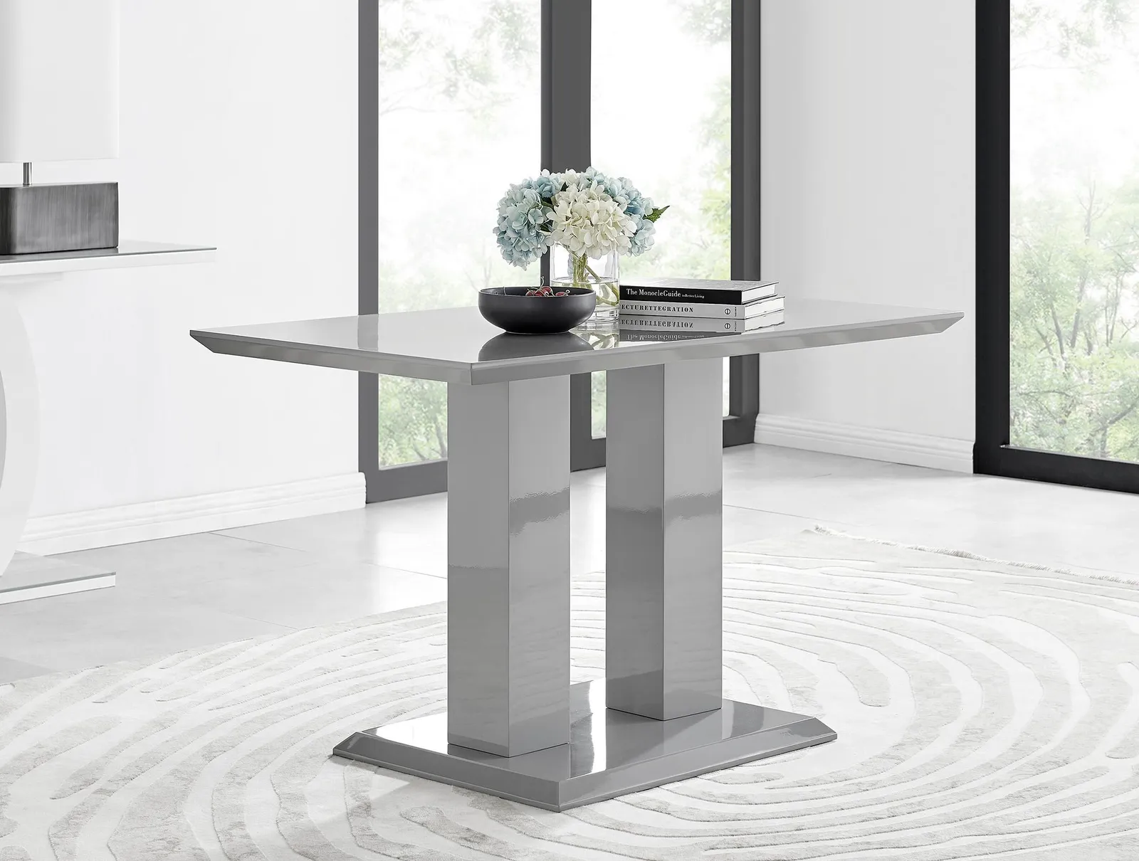 FurnitureboxUK Imperia Grey High Gloss 4 Seater Dining Table with Structural 2 Plinth Column Legs 4 Soft Faux Leather Lorenzo Chairs 3