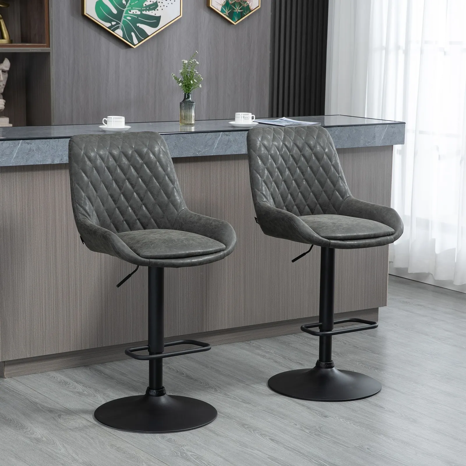 HOMCOM PU Leather Padded Bar Stools Set of 2 with Metal Base in Grey 1