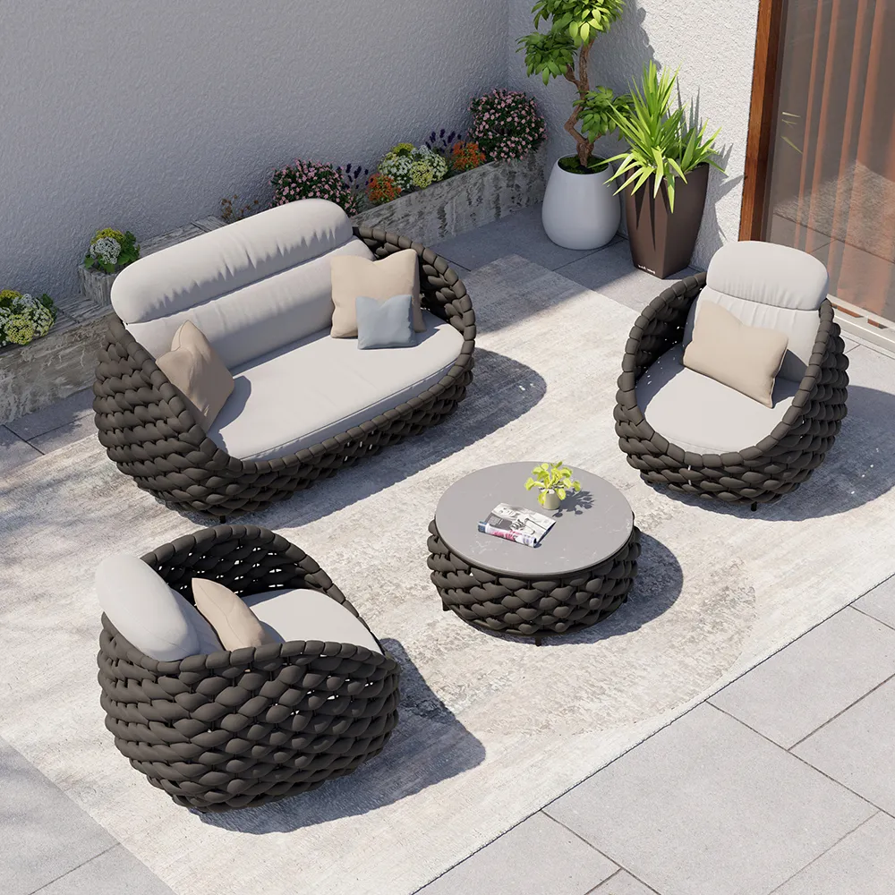 Cocaro 4 Pieces Woven Rope Garden Sofa Set Faux Marble Top Coffee Table in Black & Grey