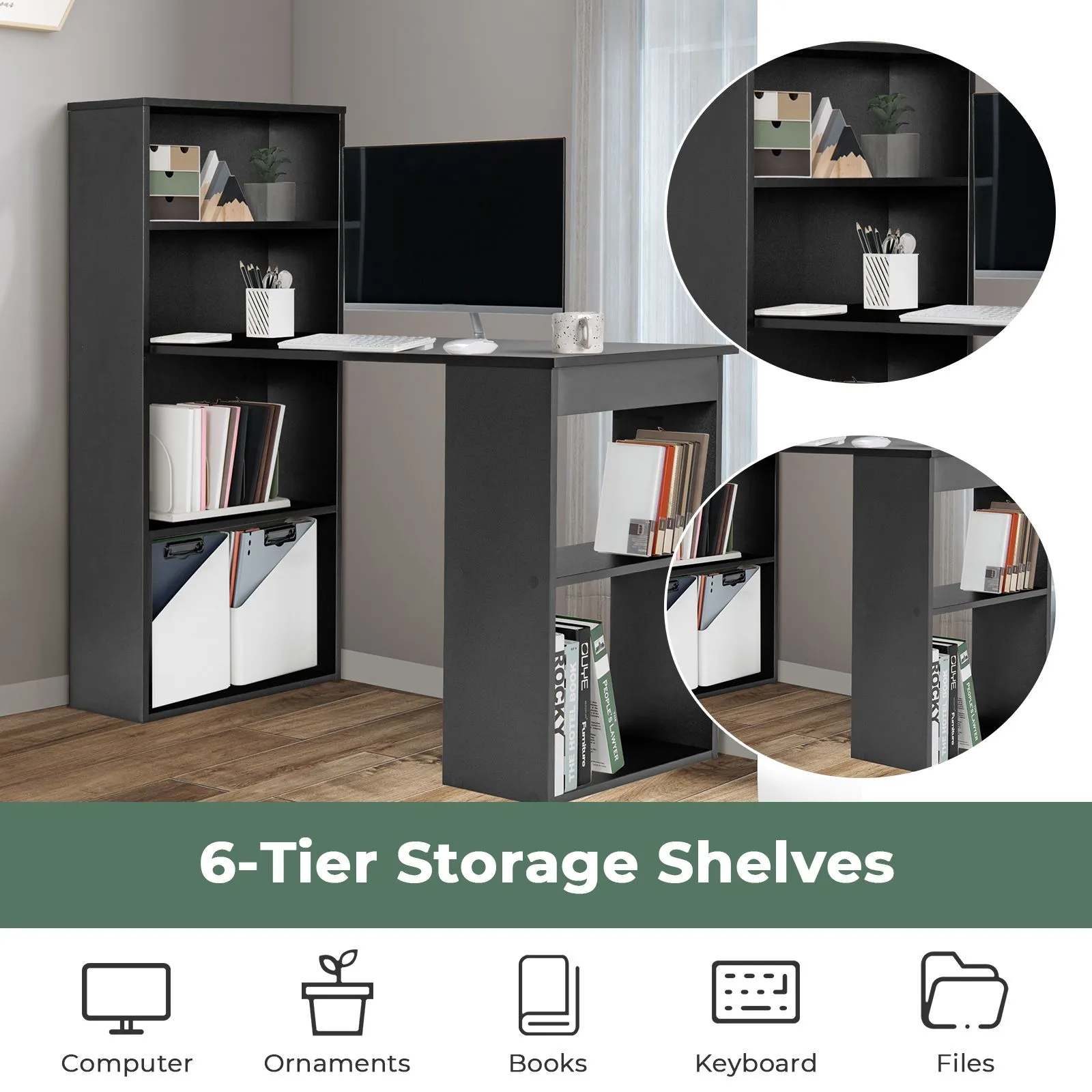 Costway Desk Wooden PC Laptop Table Writing Workstation 6-Tier Storage Shelves in Black 4