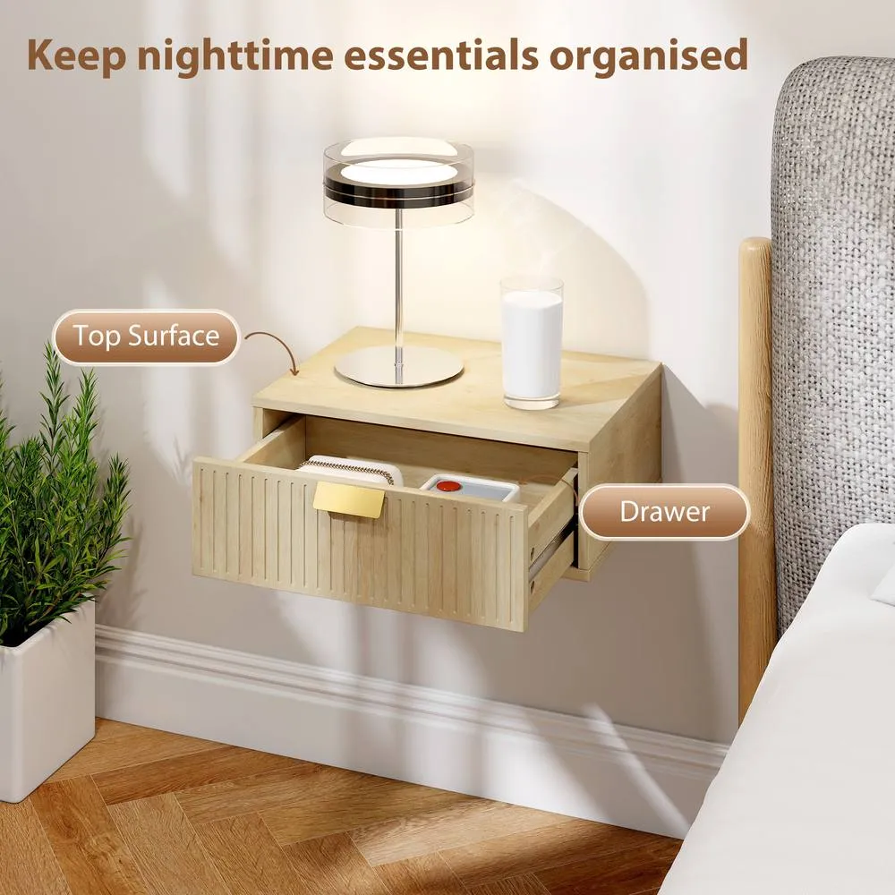 HOMCOM Floating Nightstands Set of 2 Bedside Tables w/ Wave Drawer Oak in Light Oak 5
