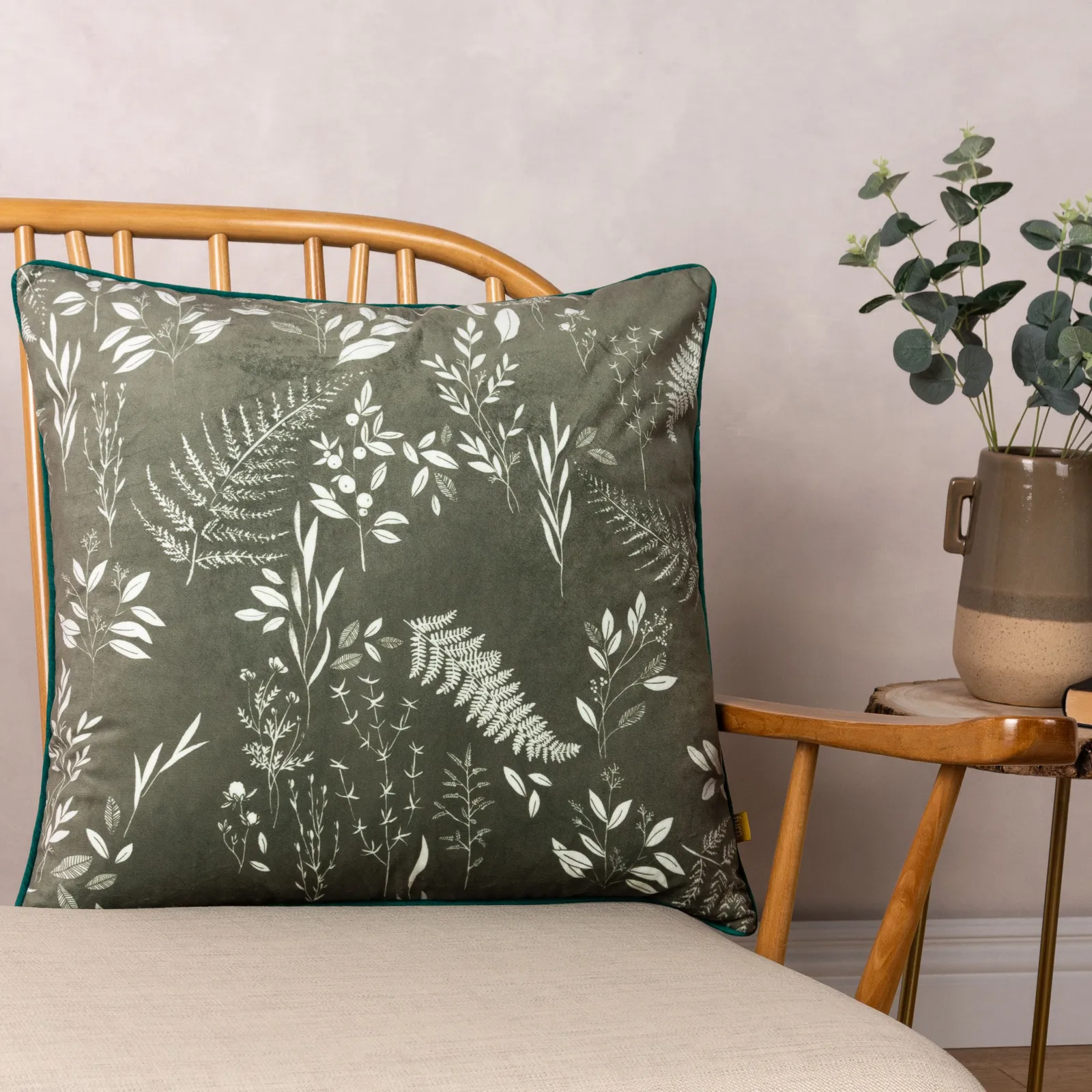 Furn Fearne Floral Printed Velvet Reversible Cushion in Green