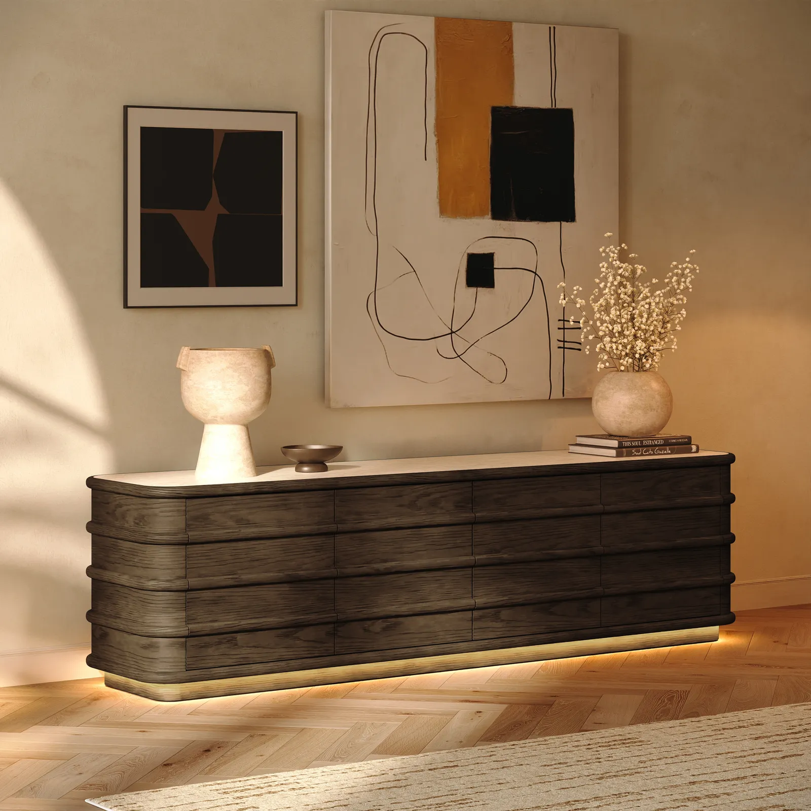 80" Ash Wood Walnut TV Stand with Sintered Stone Top