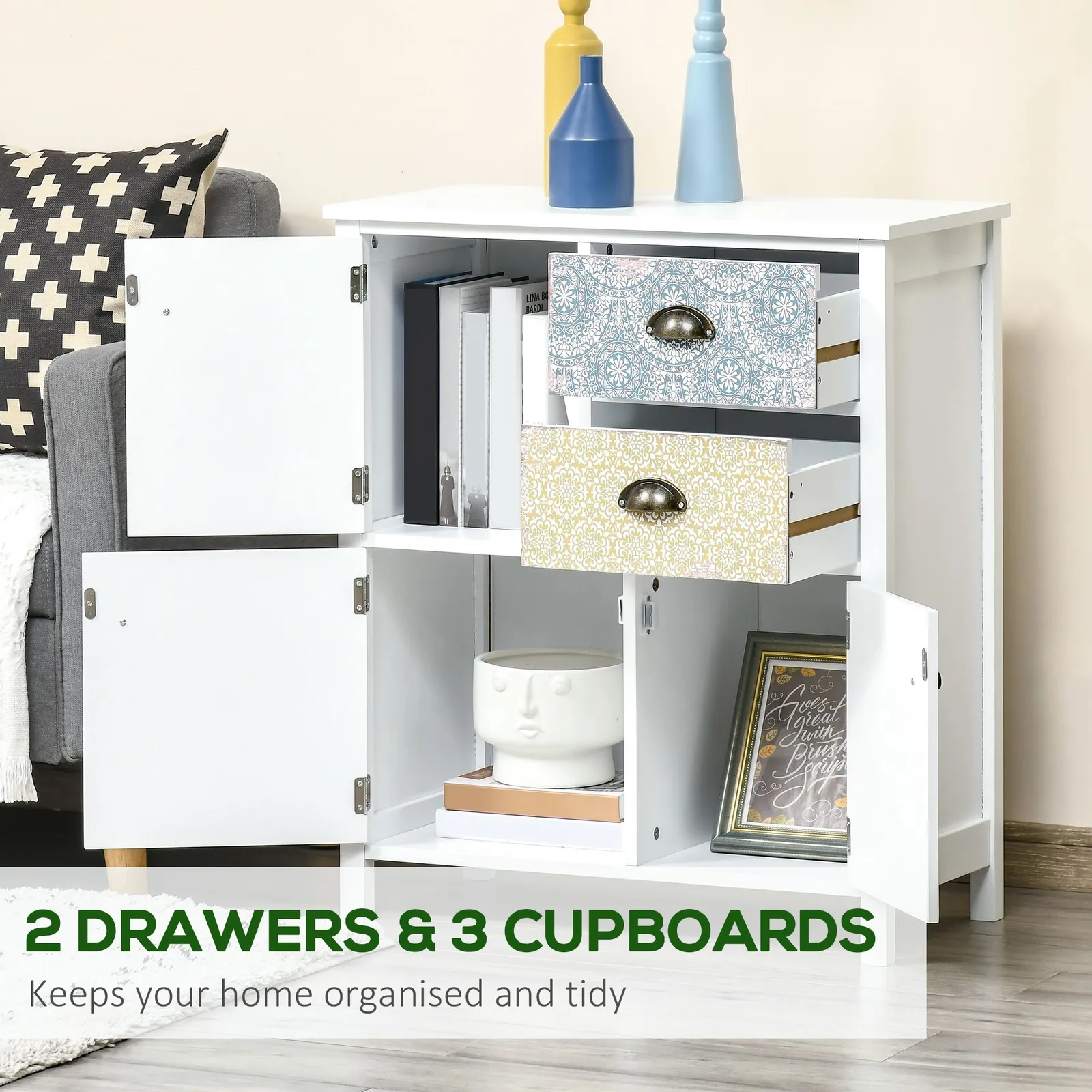 HOMCOM Sideboard Storage Chest Shabby Chic Cabinet Multi purpose Entryway in White 4