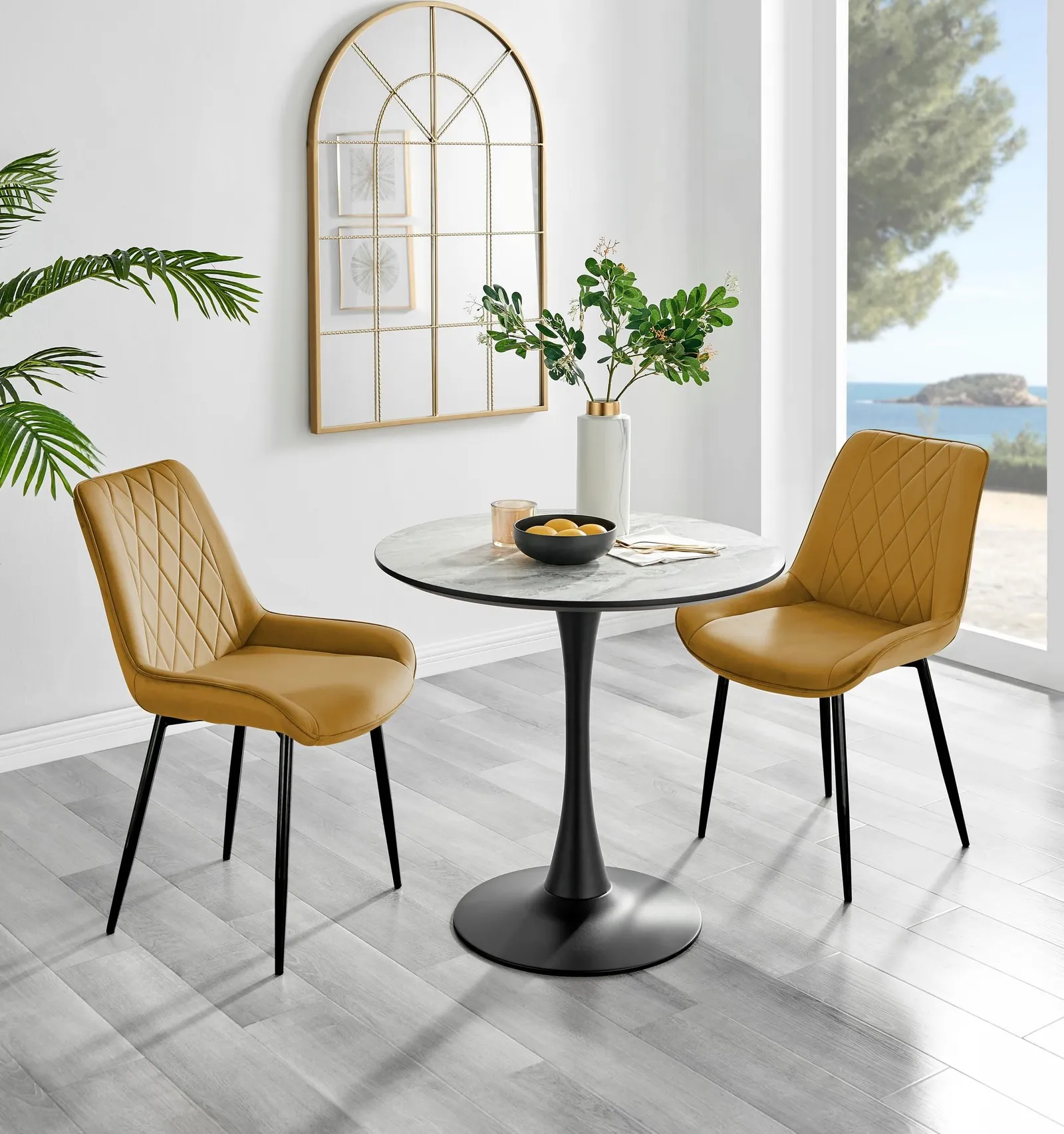 FurnitureboxUK Elina White Marble Effect Scratch Resistant Dining Table & 2 Pesaro Black Leg Velvet Chairs in Mustard 1