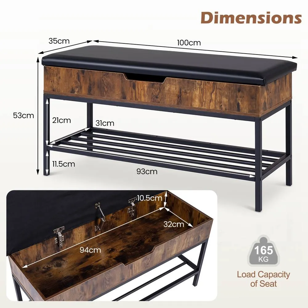 Costway 100 CM Shoe Storage Bench Shelf Lift Top Brown 2