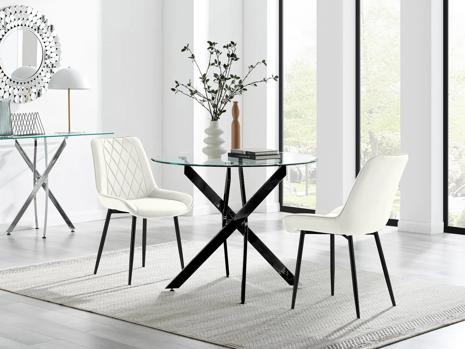 FurnitureboxUK Novara 100cm Round Black Leg Dining Table & 2 Pesaro Black Leg Chairs in Cream 1