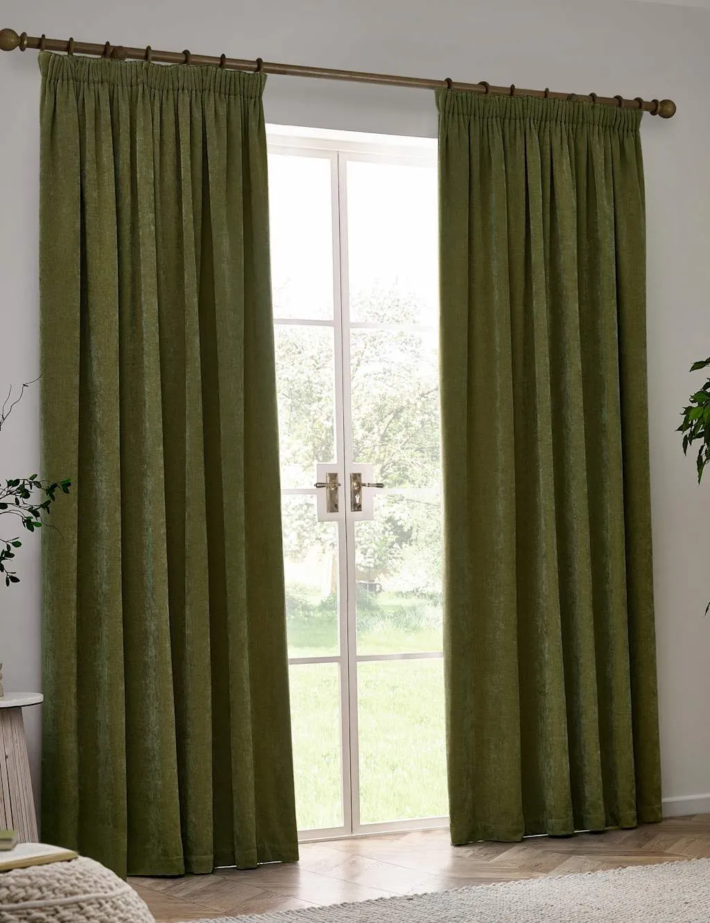 YARD Chenille Velvet Pencil Pleat Curtains Olive