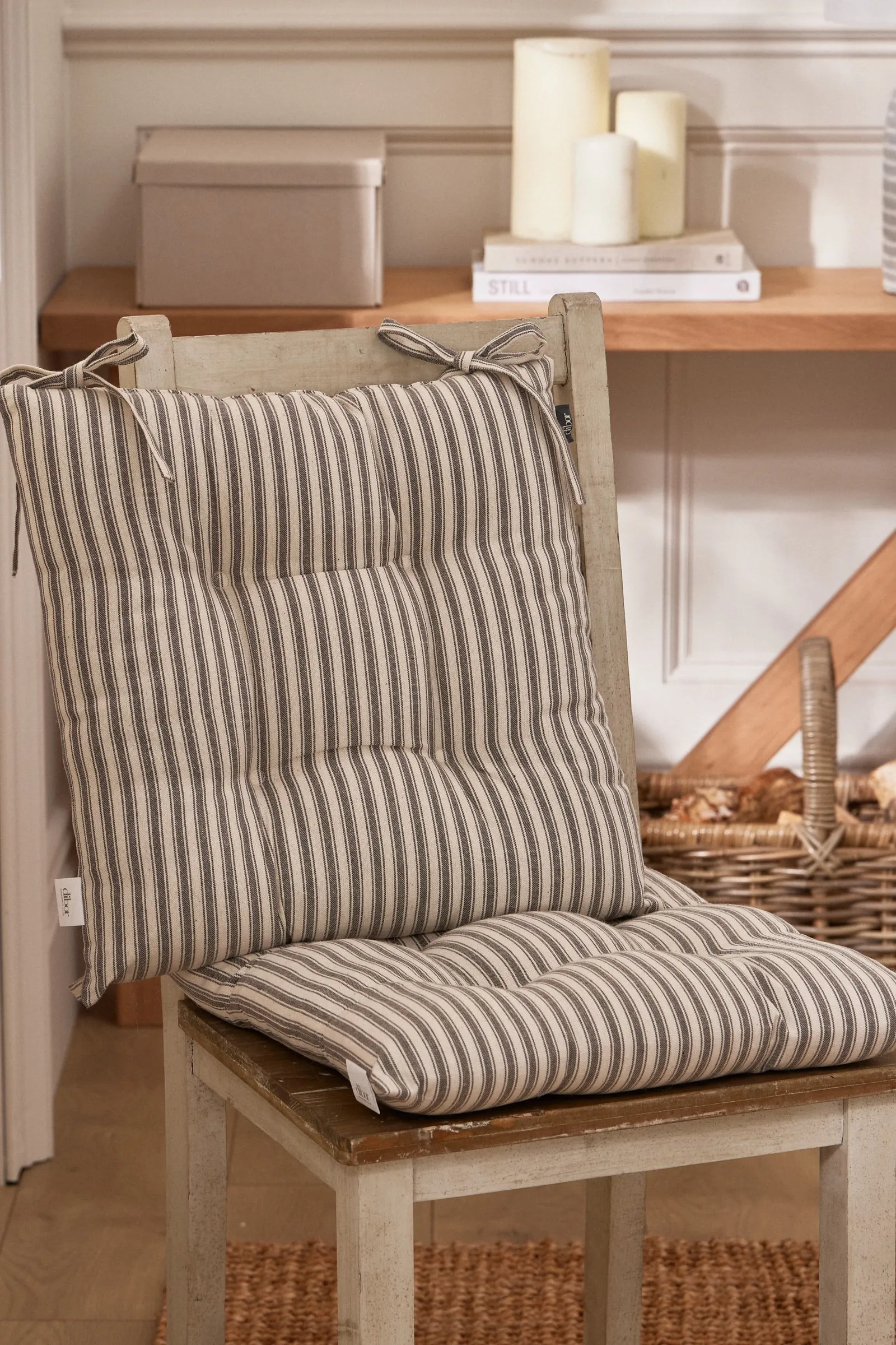 Dibor Set of 2 Grey Striped Indoor Dining Chair Seat Pad Cushions L40cm x W40cm