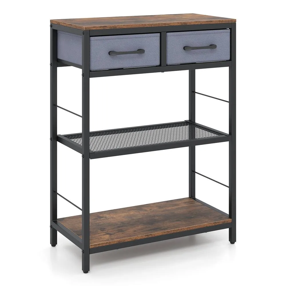 Costway Narrow Console Table w/ 2 Fabric Drawers 3-Tier Table Storage Rack in Brown
