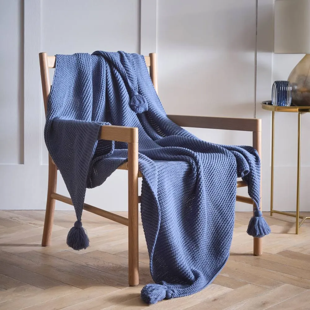 Portfolio Home Copenhagen Knitted Tassels Throwover Bed Throw Blanket 127 x 152cm in Blue