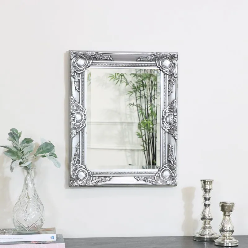 Melody Maison Ornate Silver Wall Mirror With Bevelled Glass 52cm X 42cm in Metallic Silver