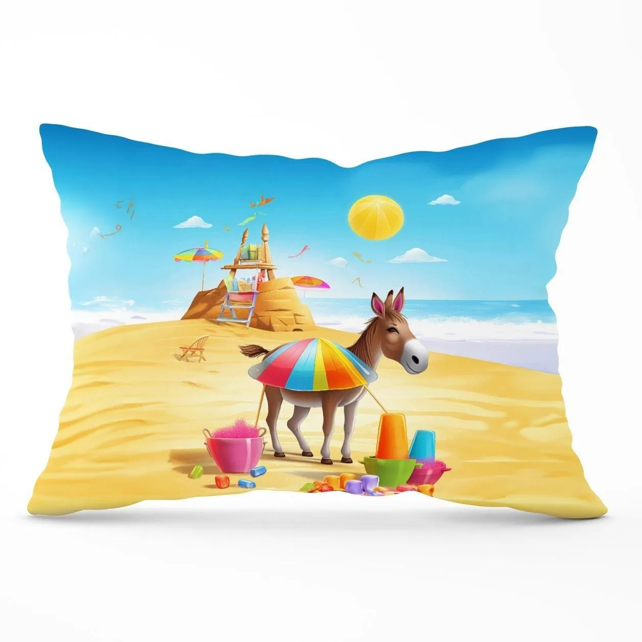 Warren Reed - Designer Donkey On A Beach Holiday Cushions in Yellow