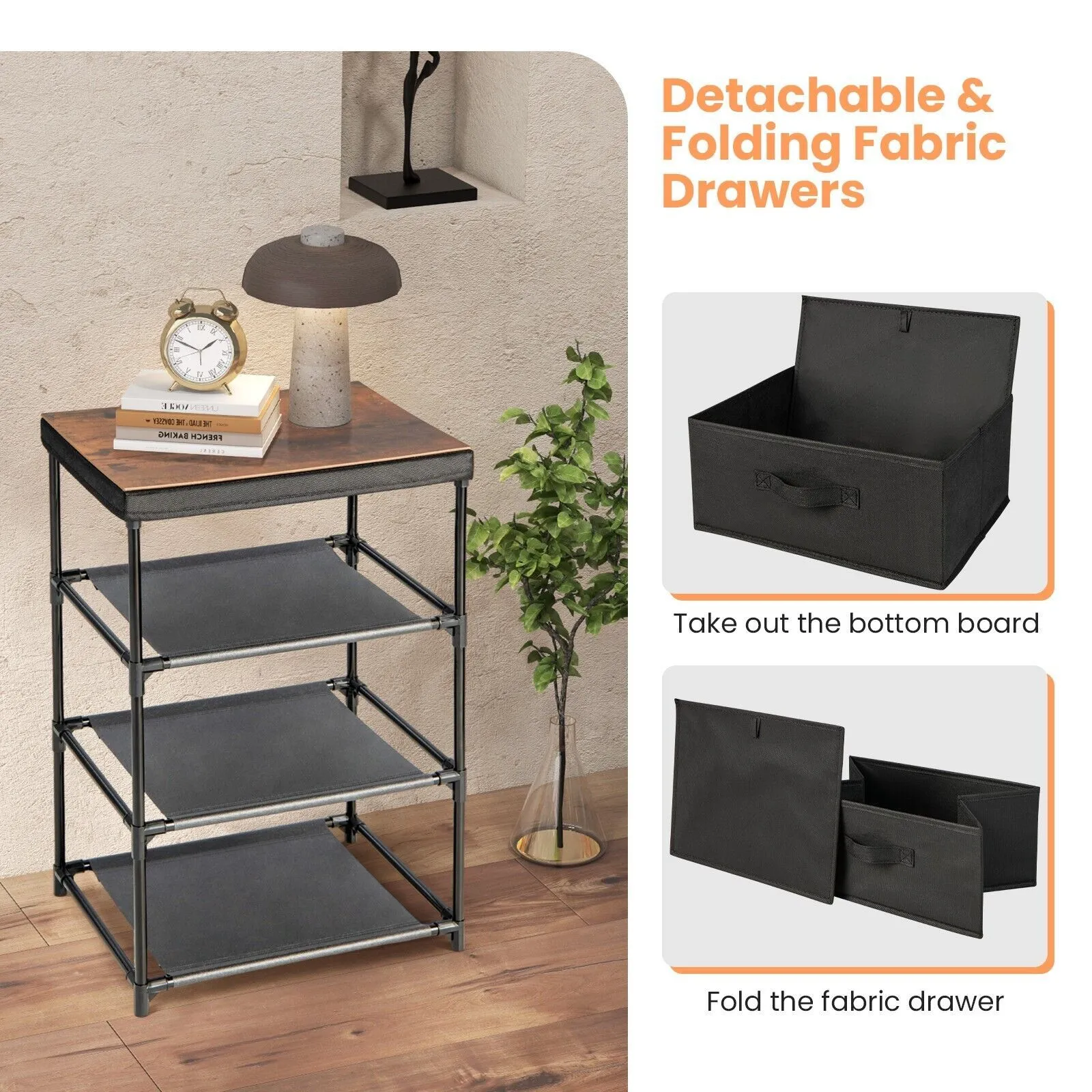Costway 3-Tier Fabric Dresser Chests of Drawers Bedroom Nightstand w/ 3 Drawers in Black 4