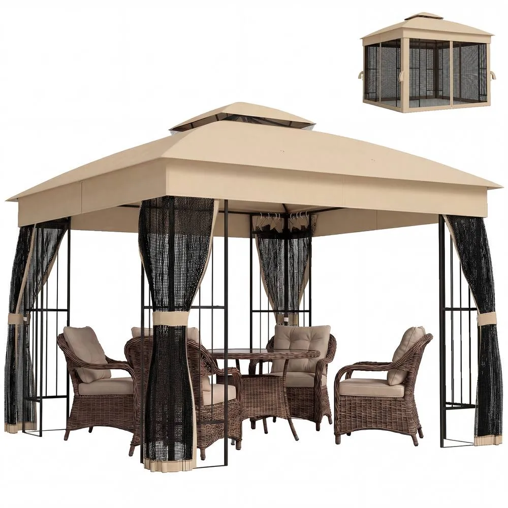 OUTSUNNY 3 x 3 m Garden Gazebo with Shelves, UPF50+ Permanent Gazebo in Beige 2