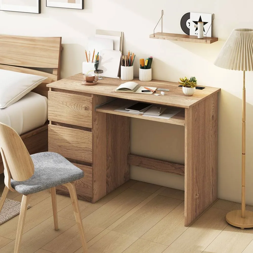 Costway Computer Desk Modern Office Desk w/Power Outlet & Keyboard Tray in Natural 6