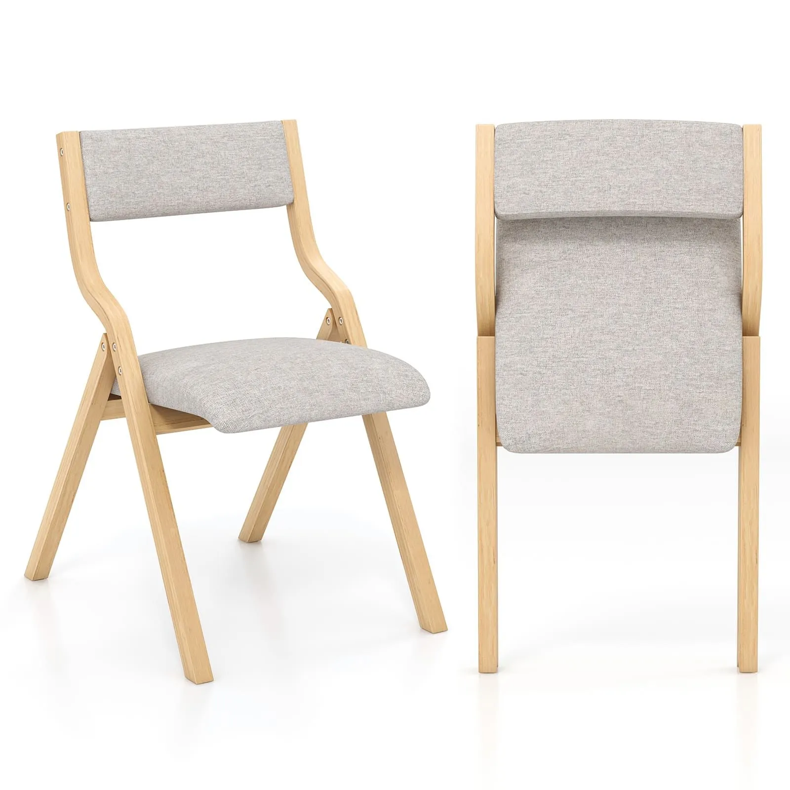 Costway Folding Dining Chair Set of 2 Wooden Upholstered Dining Chairs in Grey