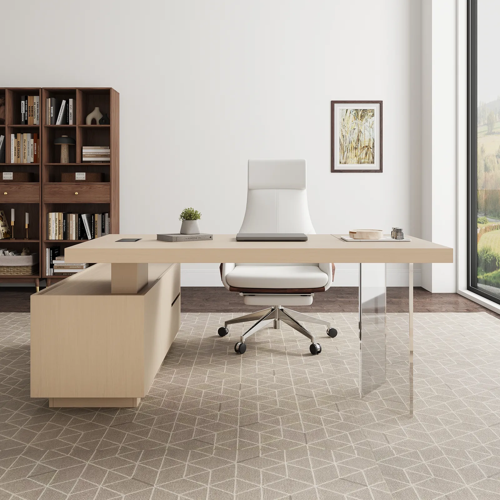 Modern 72" L-Shape Whitewash Standing Executive Desk with Lifter Desktop, Right Hand