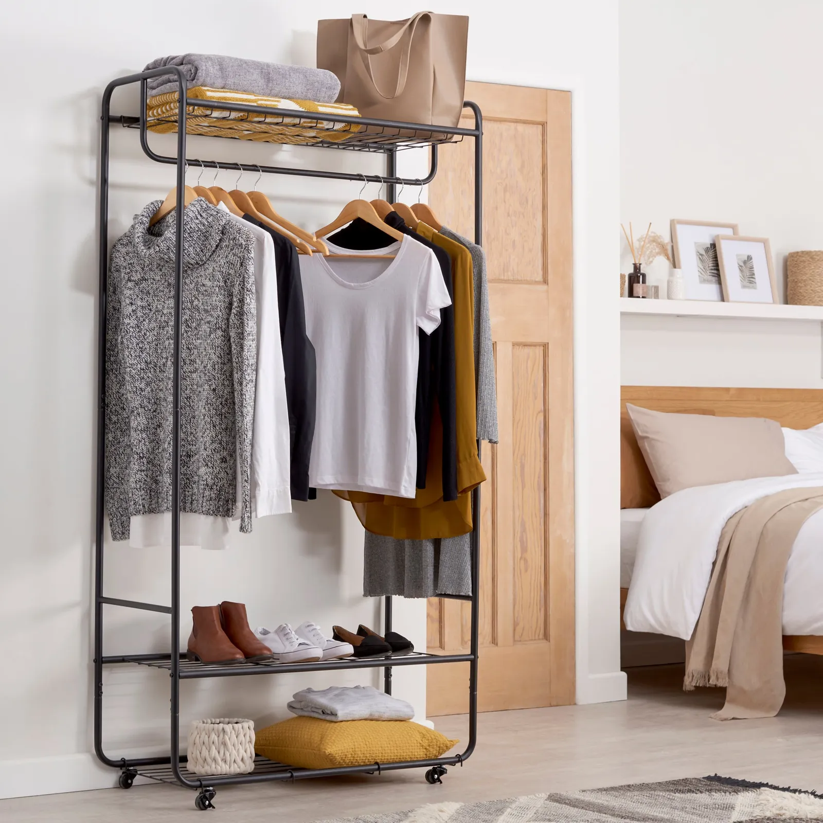 Black Metal Clothes Rail with Shelving Black
