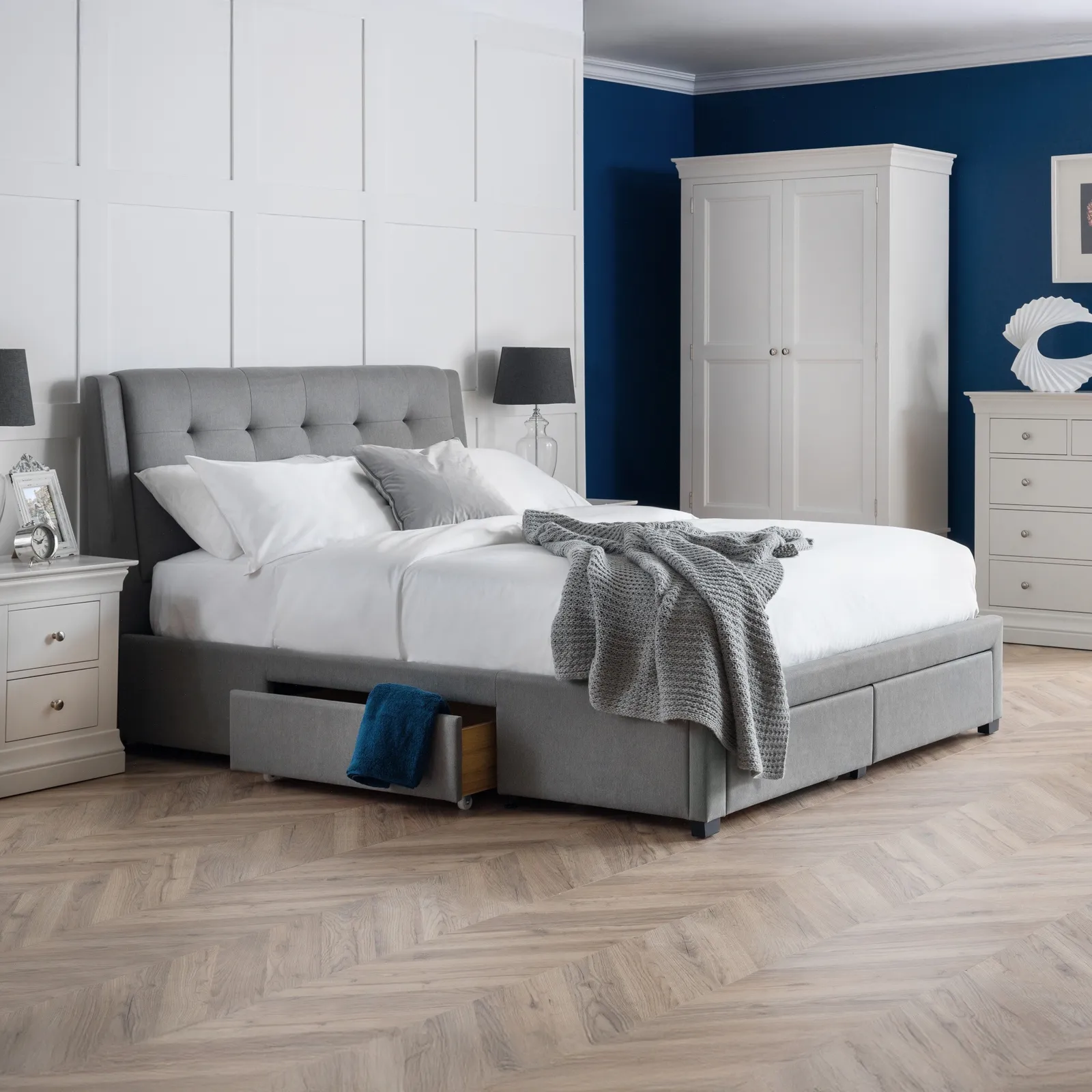 Fullerton Grey Fabric 4 Drawer Storage Bed Frame Only - 6ft Super King Size - Happy Beds