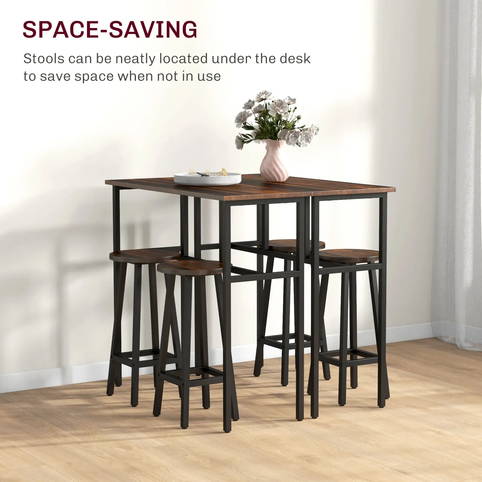 HOMCOM 6-Piece Bar Table Set, 2 Breakfast Tables with 4 Stools, Counter Height Dining Tables & Chairs for Kitchen, Living Room in Brown 6